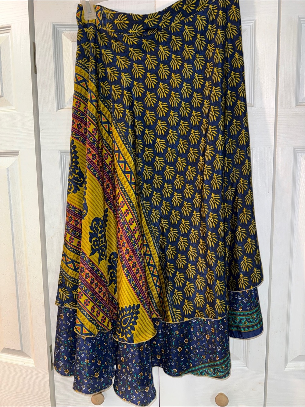 Blue and green silky sarong wrap skirt